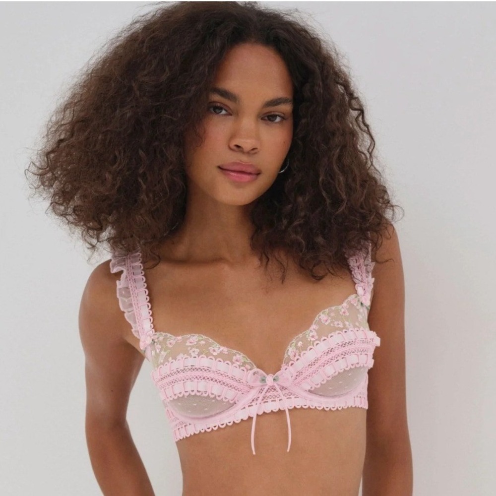 For Love & Lemons Pinkaboo Underwire Bra Sz L NEW Pink Floral Embroidered Ruffle